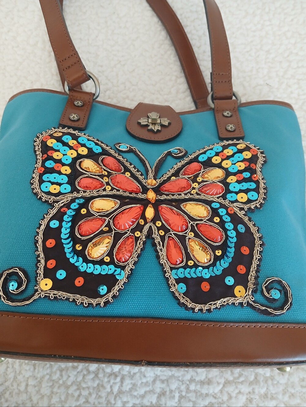 Patricia Nash Bejeweled Butterfly Teal Brittany Tote NWT - Picture 4 of 6